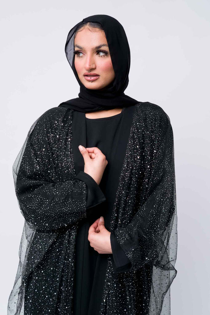 Elegant black sparkly abaya with hijab for women – modest fashion