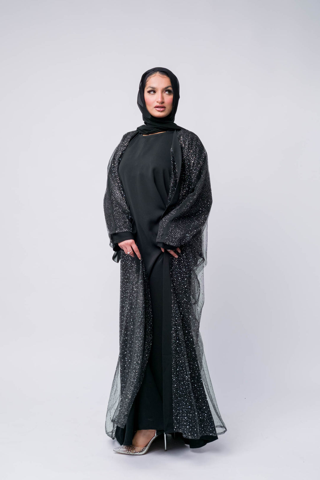 Sparkly long black abaya for women – modest hijab outfit idea