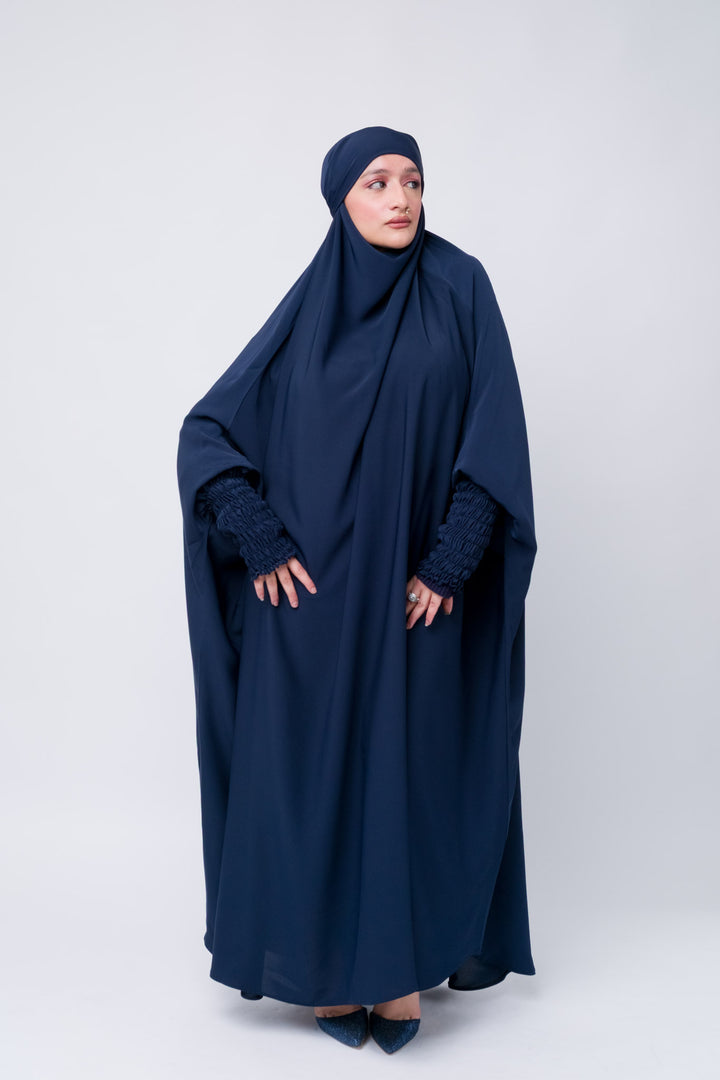 Premium dark blue jilbab with gathered sleeves, modest and elegant outfit for Muslimah. 