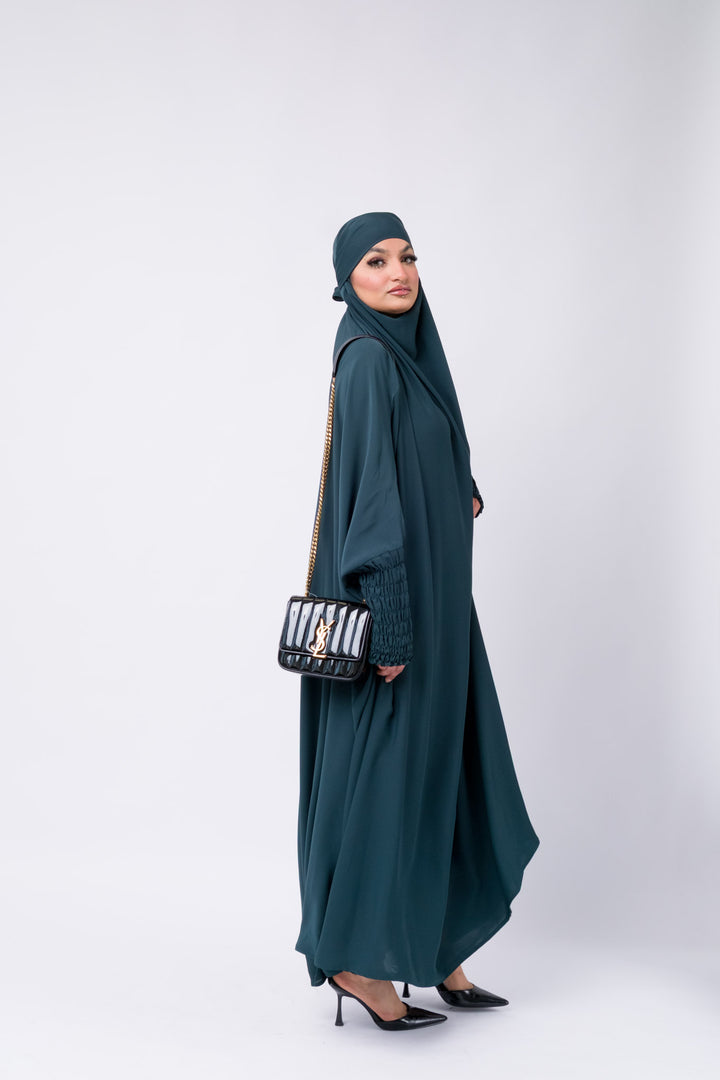 Dark teal Islamic khimar with stylish gathered sleeves, breathable jilbab for Muslim women. 