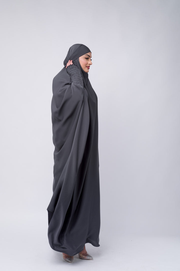 Modern grey khimar with elastic cuffs, modest Islamic outfit for Muslimah fashion.