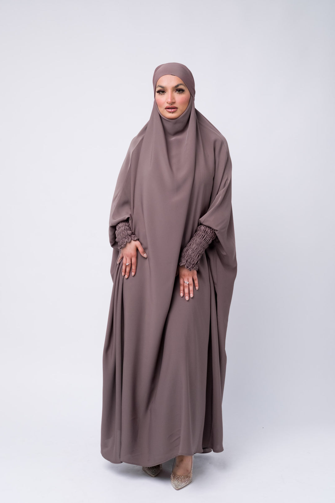Premium full-length abaya jilbab in mink brown with ruched sleeve detail, ideal for prayer and daily wear.
