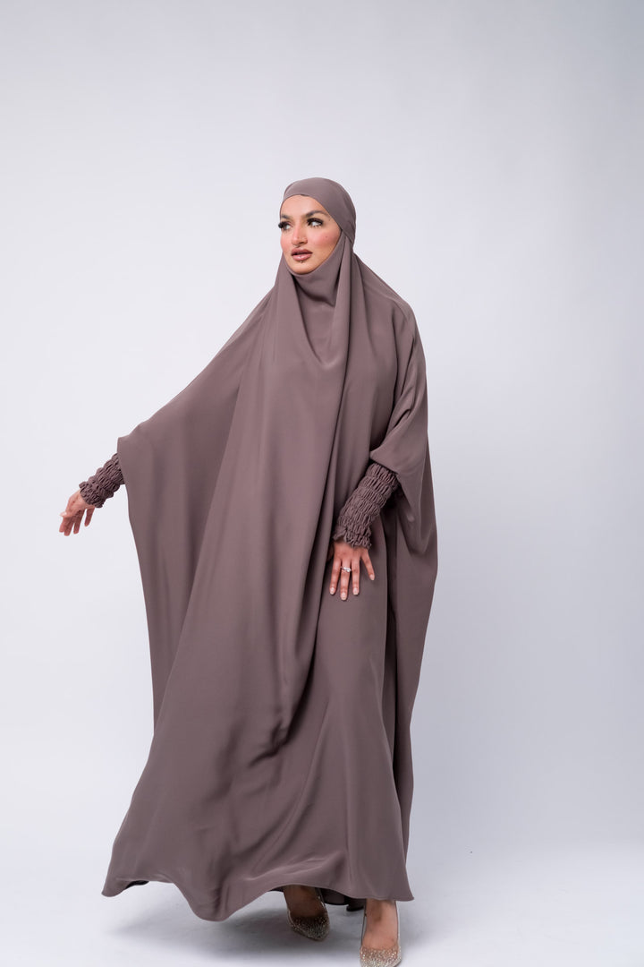 Lightweight mink brown jilbab with covered cuffs and flowy design, Islamic prayer wear for women.