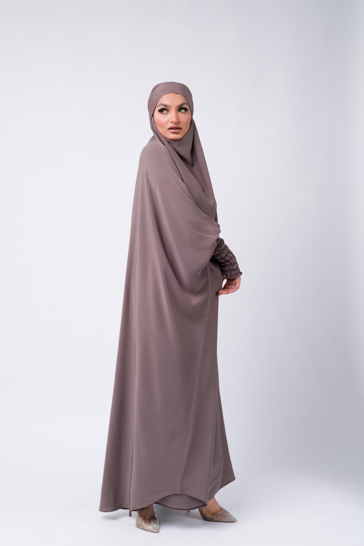 Full coverage khimar abaya with stretch sleeves in neutral taupe, modest outfit for Muslimah.