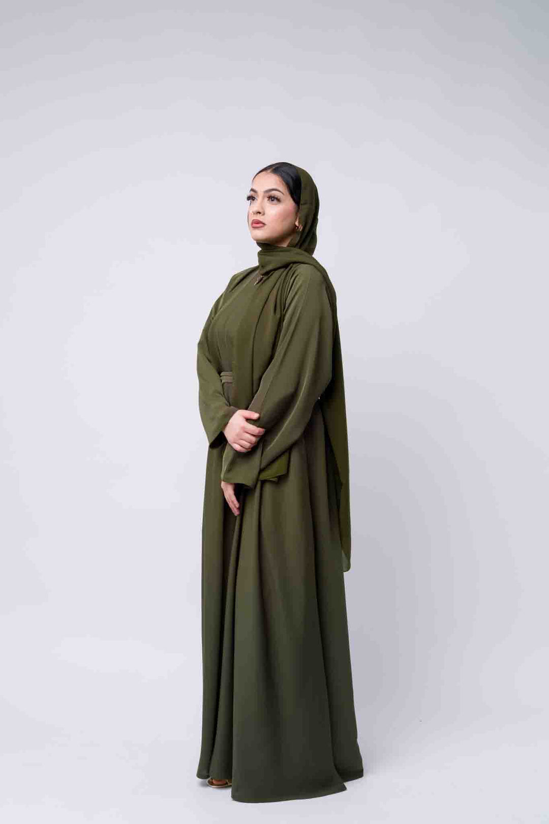 Olive green modest abaya dress with hijab for women, perfect for Islamic wear and formal occasions.