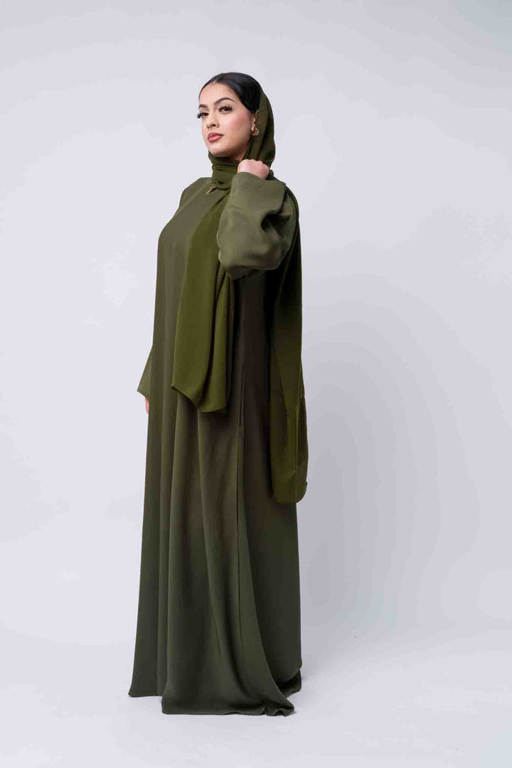  Islamic olive abaya dress with chiffon hijab, perfect for modern Muslim women's wardrobe.