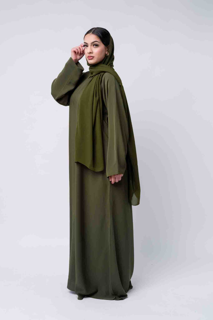 Elegant khaki green abaya with matching hijab, ideal for modest fashion and everyday wear.