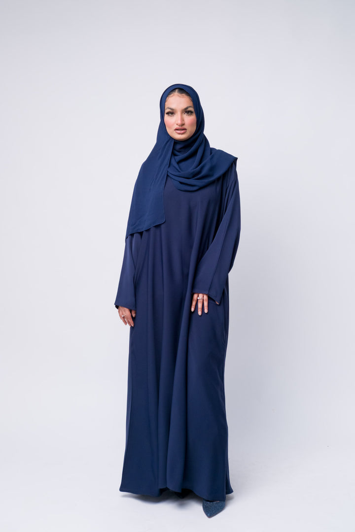 Elegant navy abaya dress with soft fabric, perfect for Eid, Ramadan, and daily Islamic fashion.