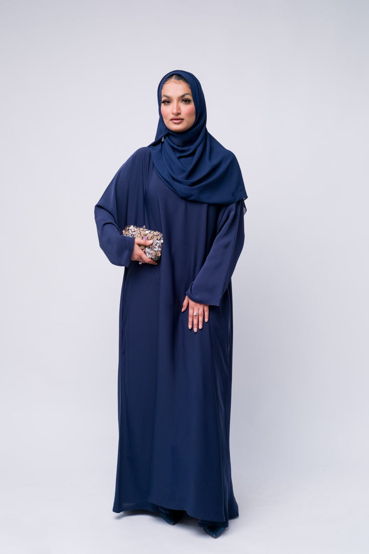  Modest navy blue abaya for women with hijab, elegant full-length Islamic dress for formal and daily wear. 