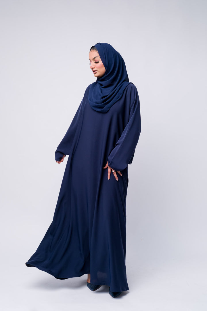 Navy blue full-length abaya with hijab, breathable modest wear for Muslim women. 