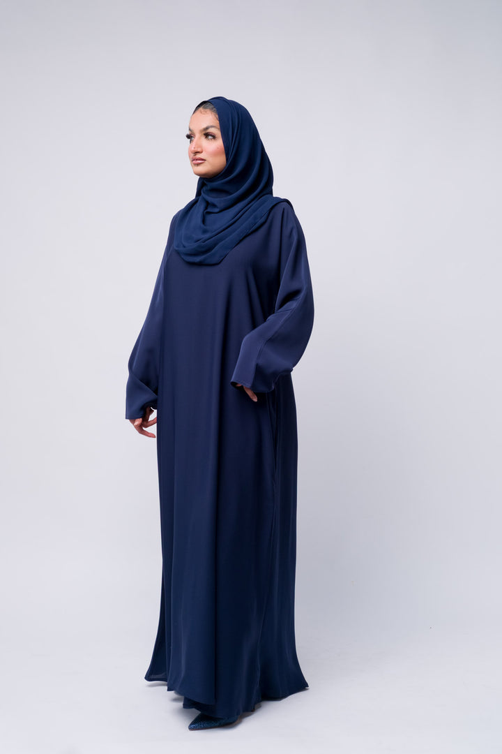 Dark blue modest abaya with matching headscarf, perfect for mosque, work, or formal events.