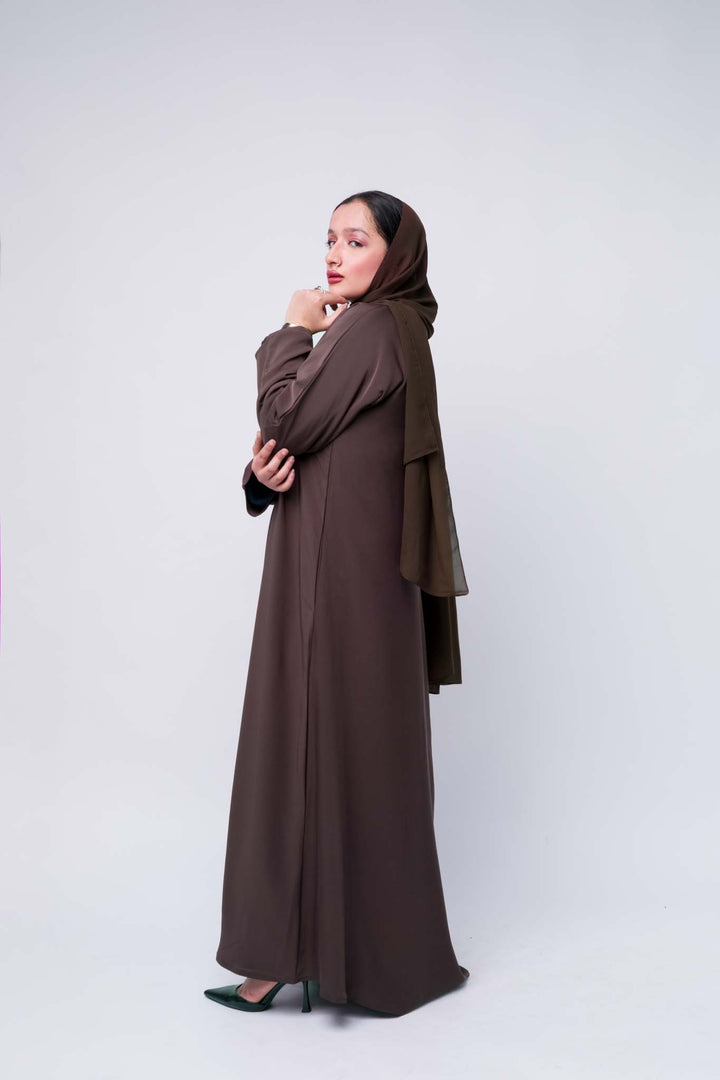 Premium modest abaya in brown with hijab, elegant and comfortable for all-day wear. 