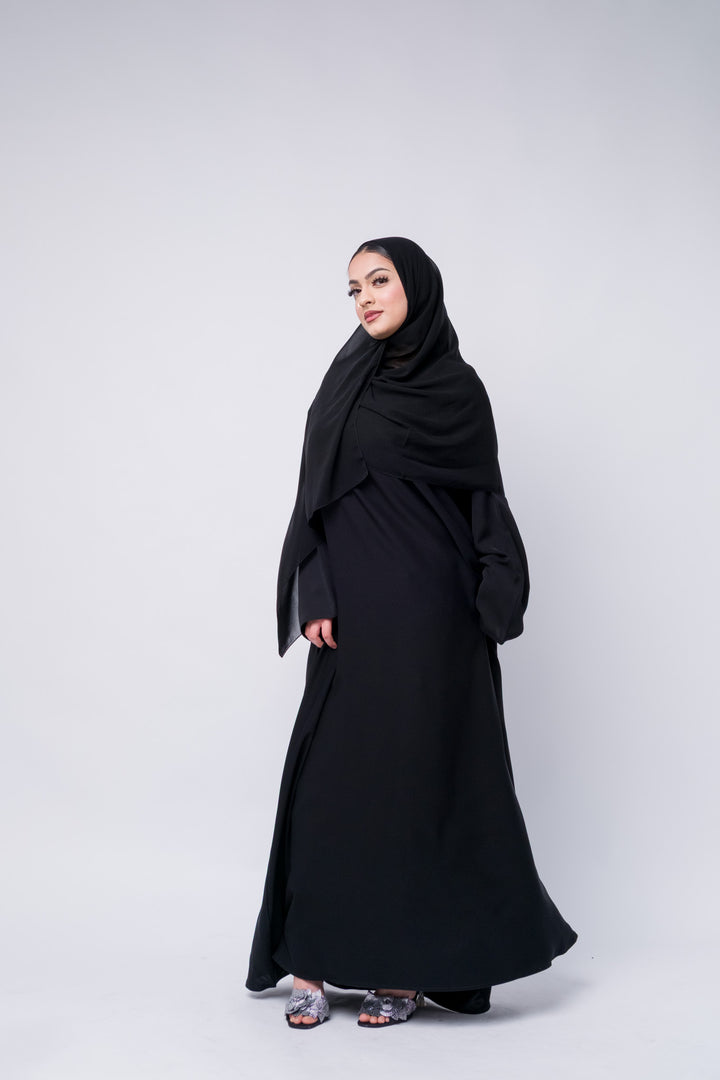Premium quality black jilbab abaya set for women, includes matching hijab, ideal for Islamic occasions. 