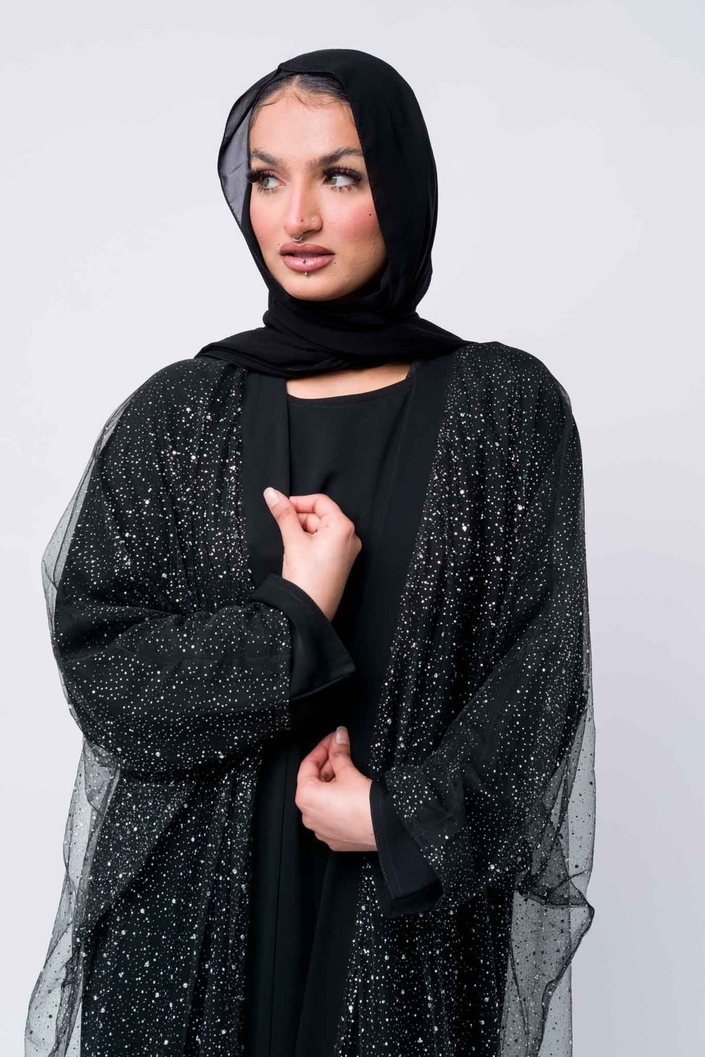 Elegant black sparkly abaya with hijab for women – modest fashion 