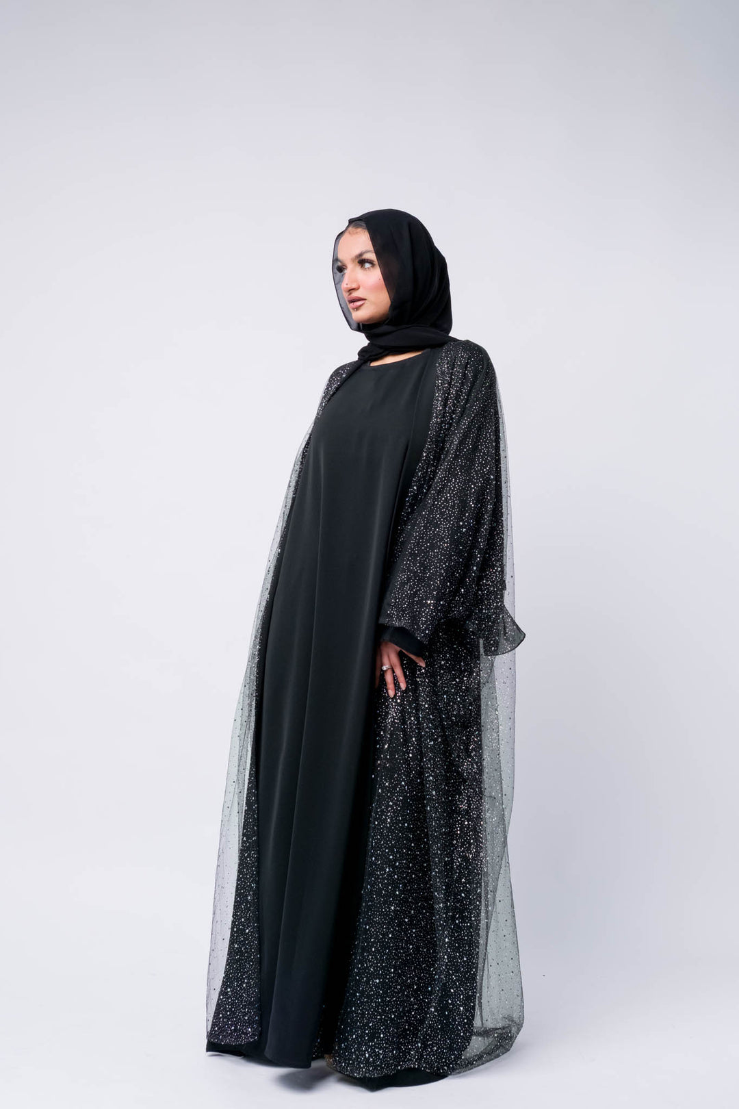 Stylish glitter black abaya with hijab – modest evening wear