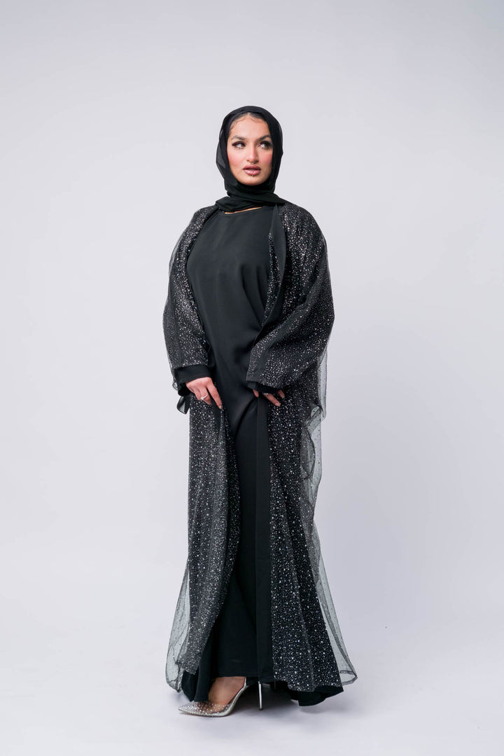Sparkly long black abaya for women – modest hijab outfit idea