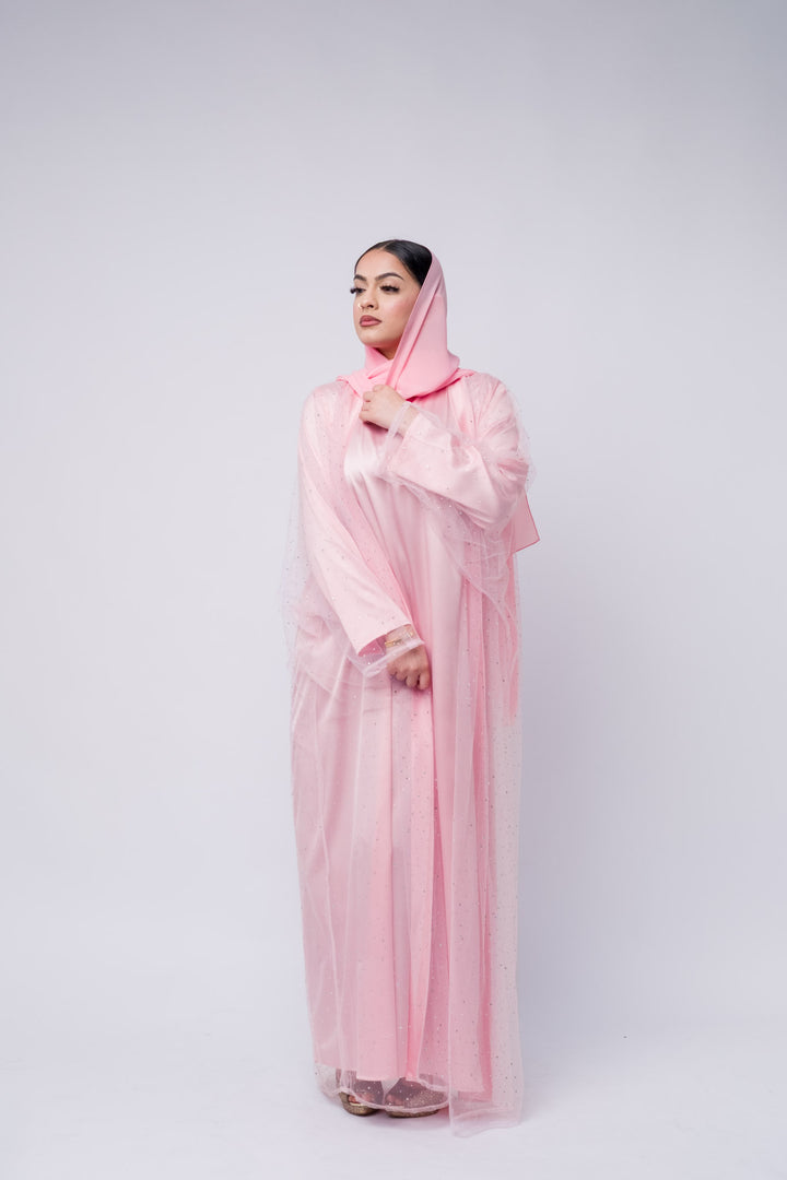  Blush pink embellished abaya with long sleeves and matching scarf for modest occasion wear
