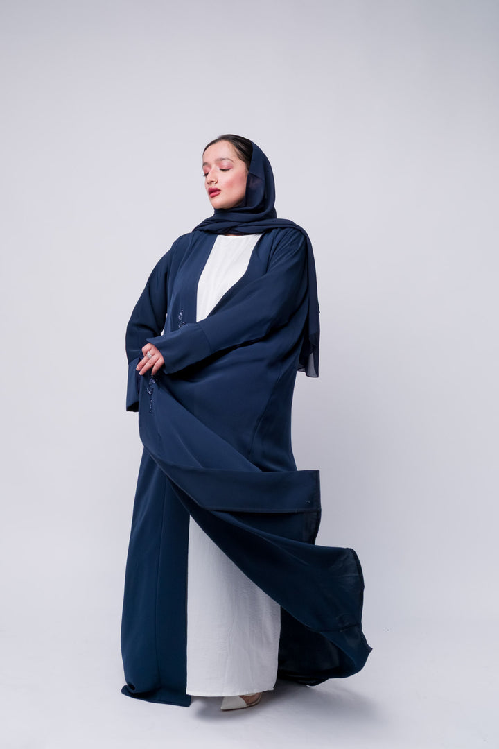 Classic navy abaya with front open style and embroidery, ideal for Eid and Ramadan.