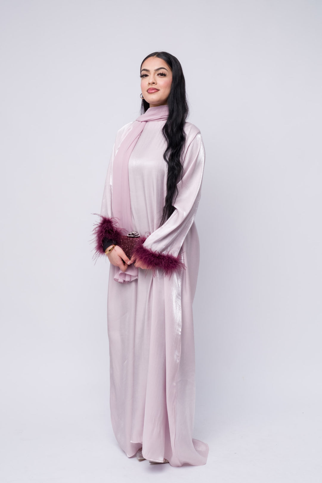 Light lilac satin abaya with maroon feather cuffs, modest fashion, elegant evening abaya for women.