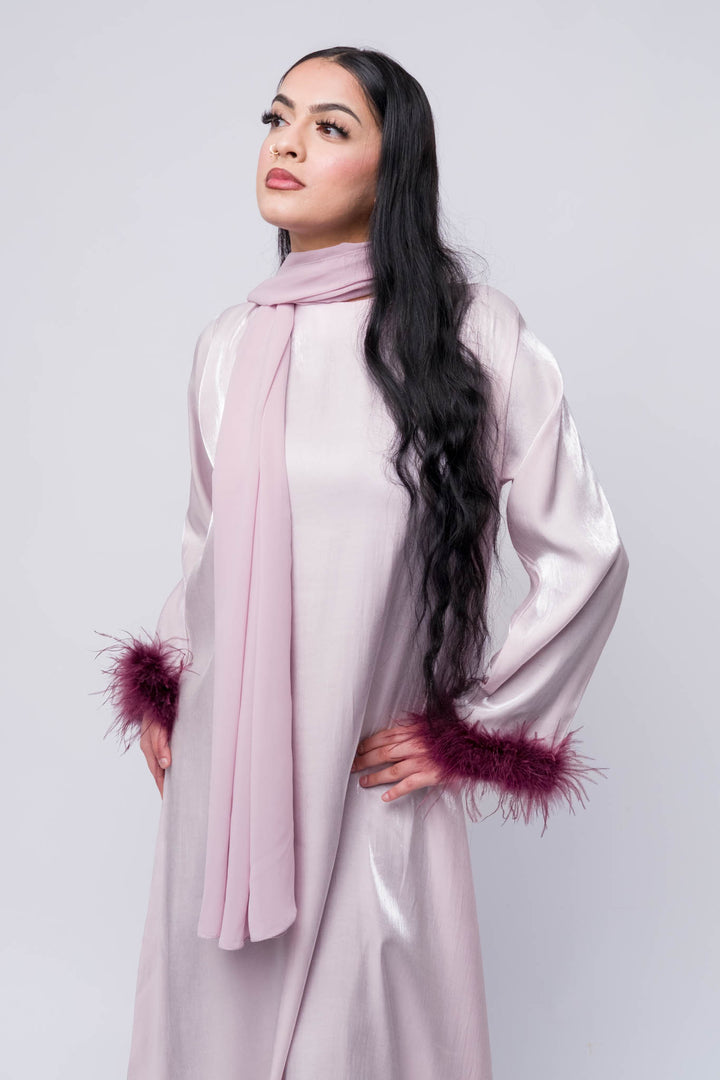 Elegant lilac abaya with purple feather trim sleeves, Ramadan fashion, modest clothing for women.