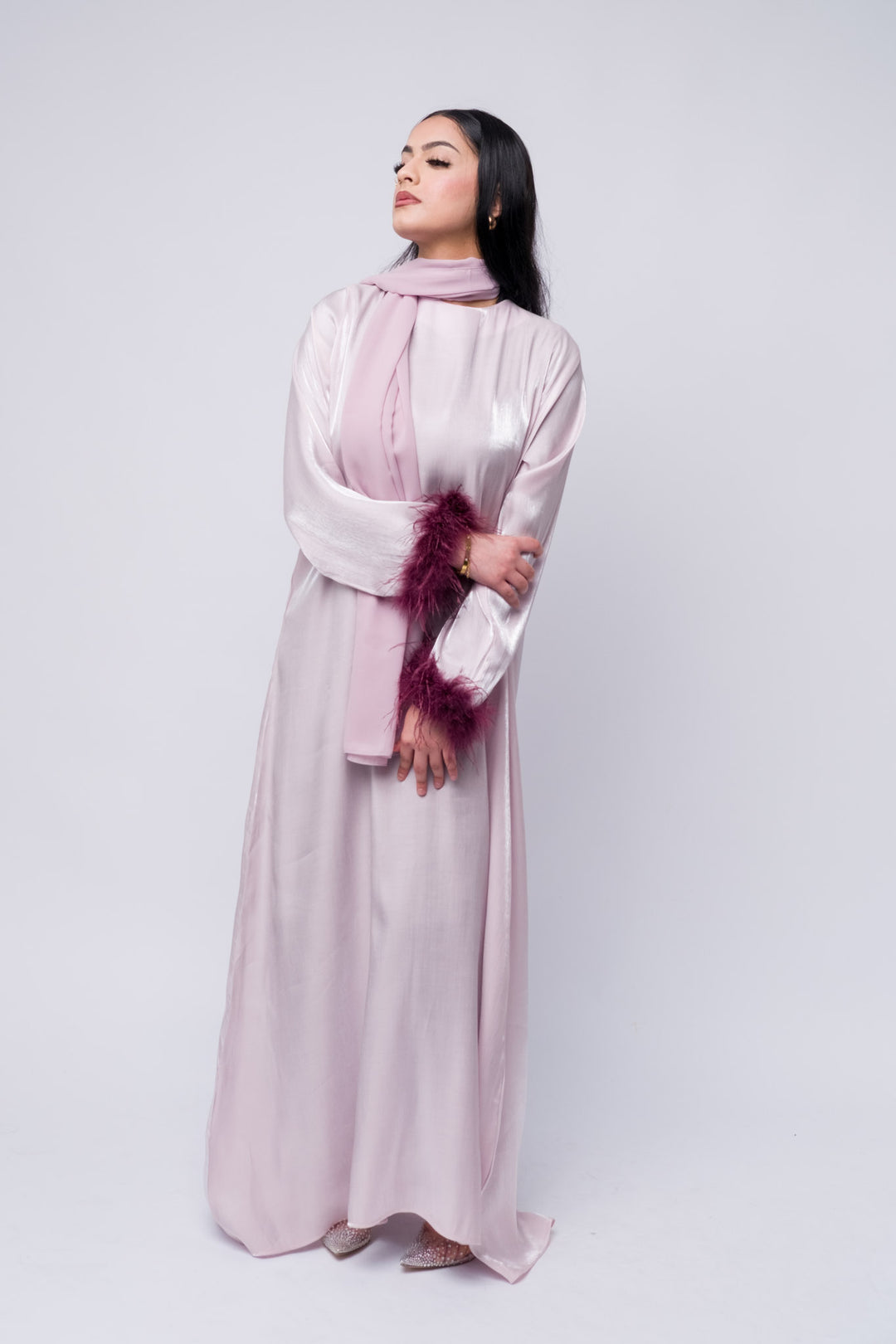 Satin lilac abaya with statement feather sleeves, modest evening dress, Islamic fashion outfit.