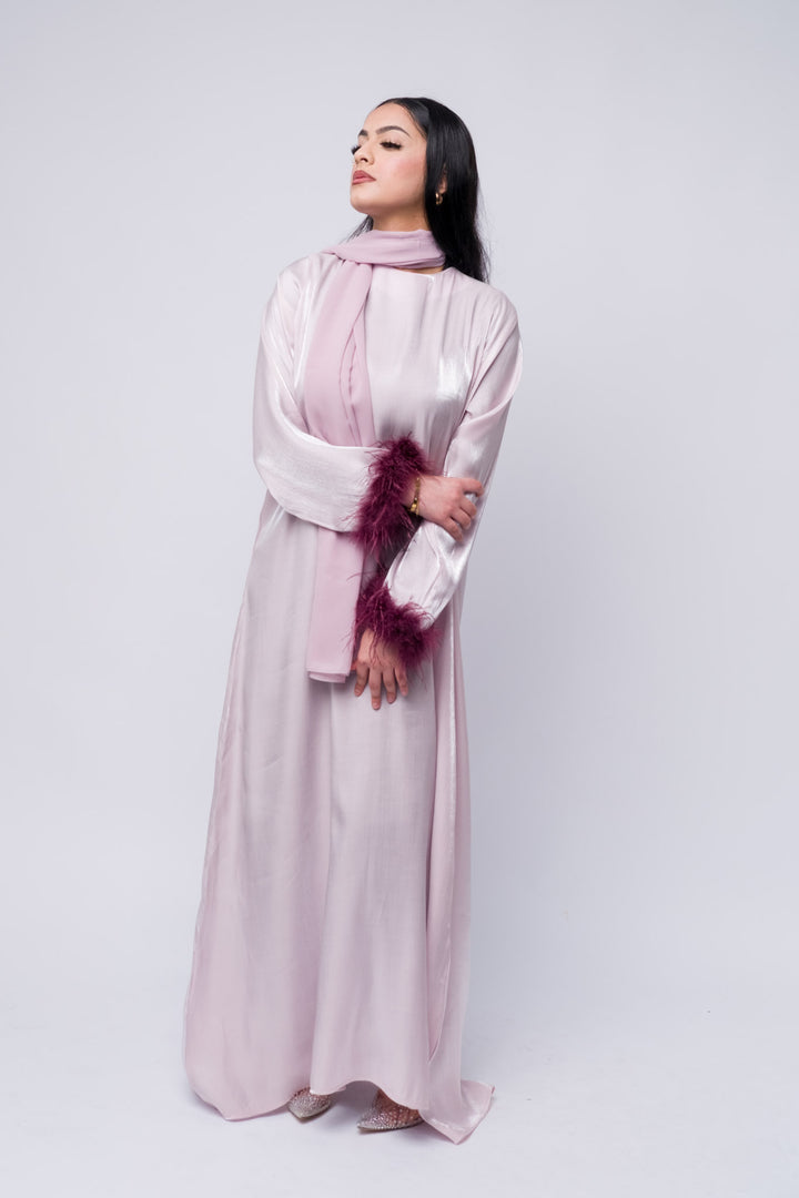 Satin lilac abaya with statement feather sleeves, modest evening dress, Islamic fashion outfit.