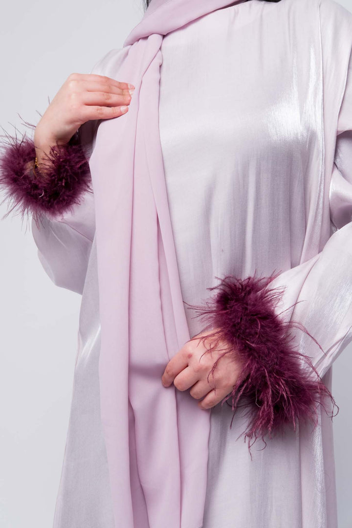 Modest lilac abaya with dramatic maroon feather cuffs, party wear abaya, Muslim women’s dress.