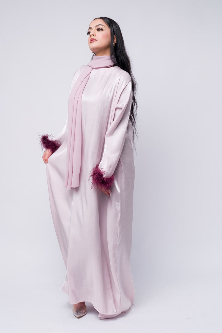 Chic lilac abaya with luxurious maroon feather sleeves, modest formalwear for Muslim women.