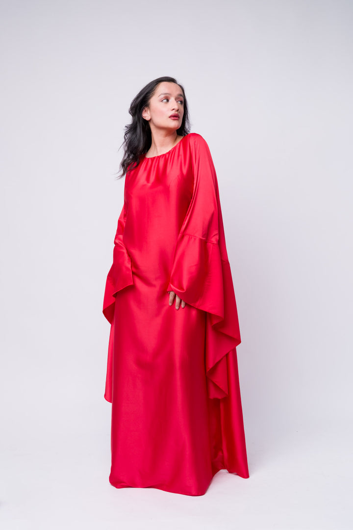 Stylish red satin kaftan with gathered neckline – modest evening wear