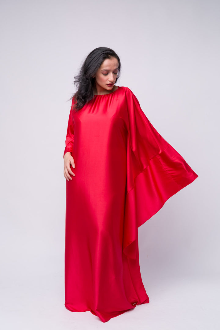 Luxury red abaya-style satin dress for Eid, weddings, or formal occasions
