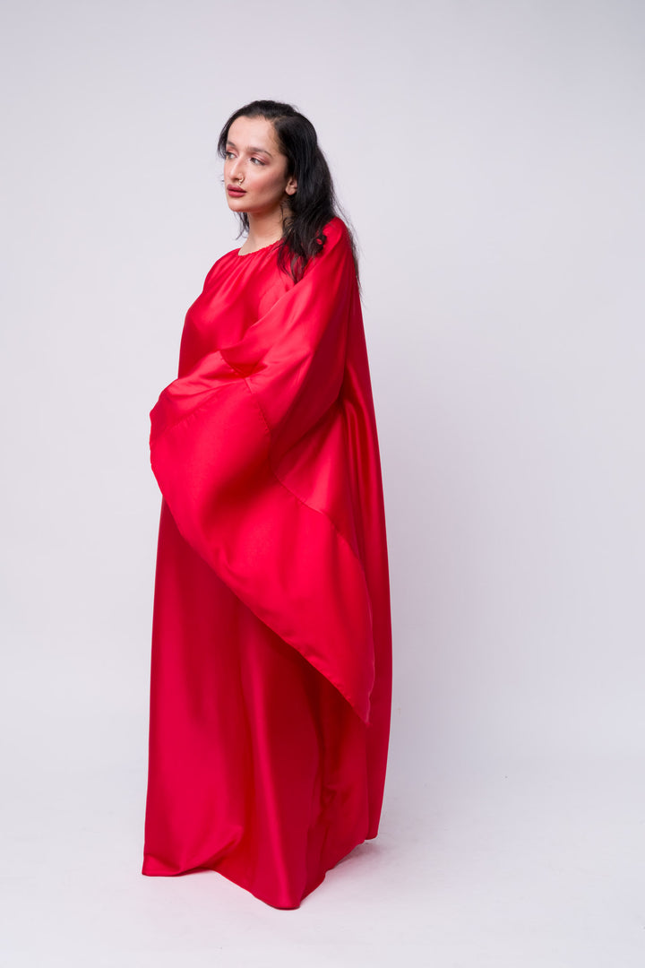 Full-length red satin gown for women – abaya-style kaftan dress 