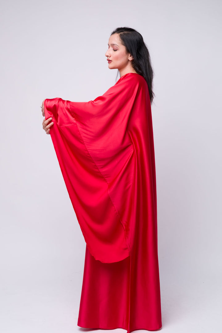 Red glossy satin abaya dress – luxury fashion for elegant events