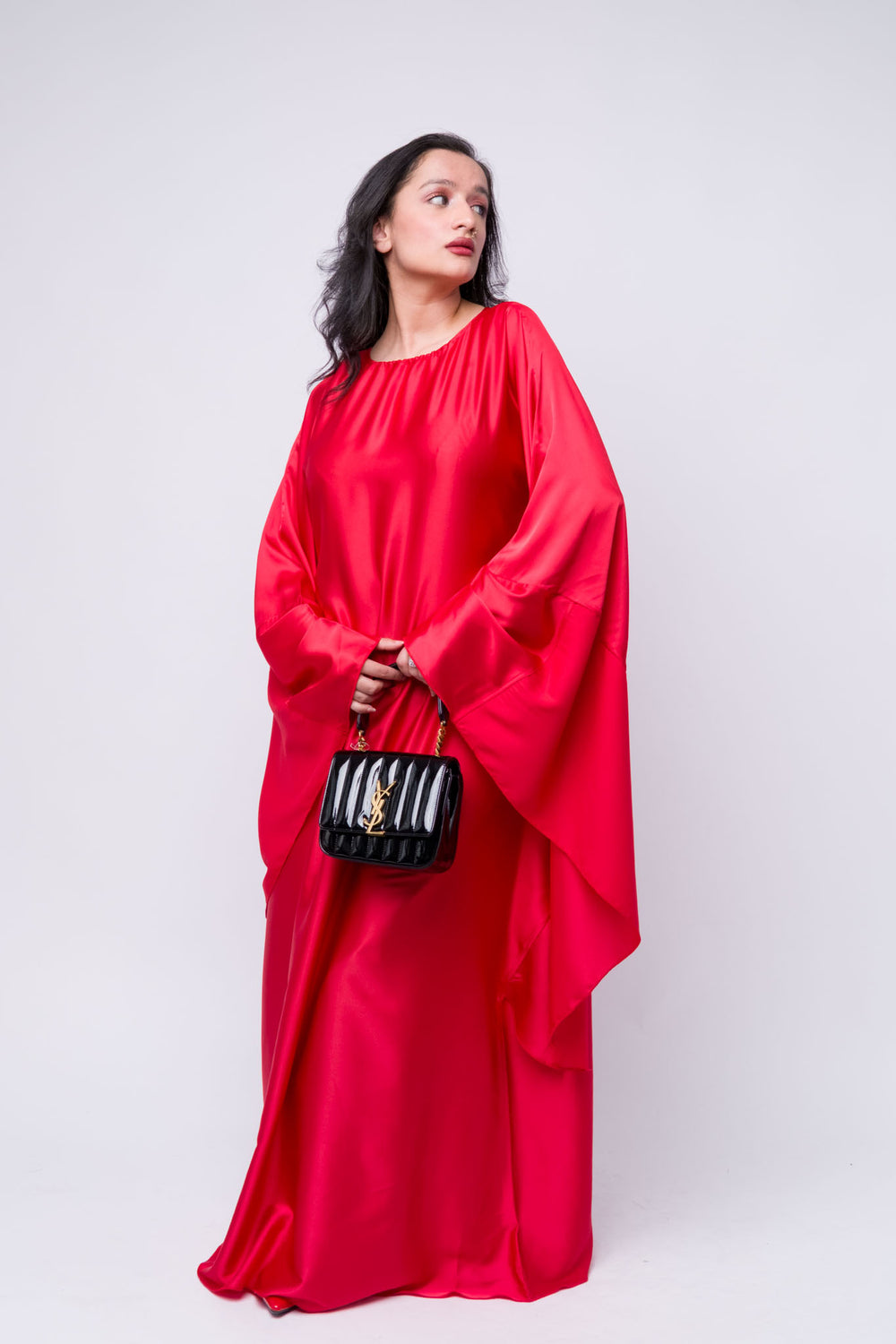 Red satin kaftan dress with flared sleeves for women – elegant evening wear