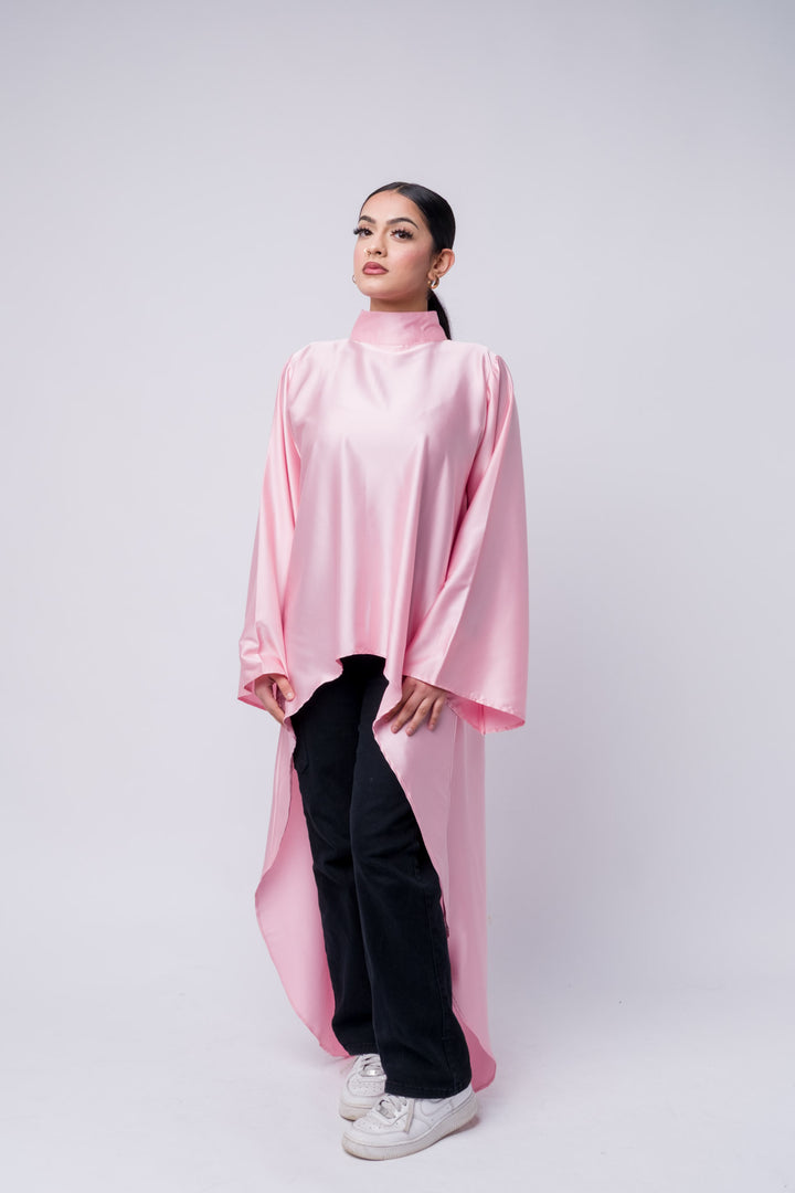 Satin pink high-low tunic for Muslim women, modest wear with modern street style
