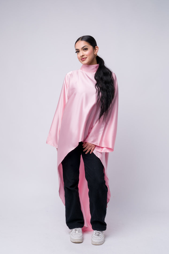 High-low modest satin tunic in soft pink for modern Muslim women, formal or casual wear