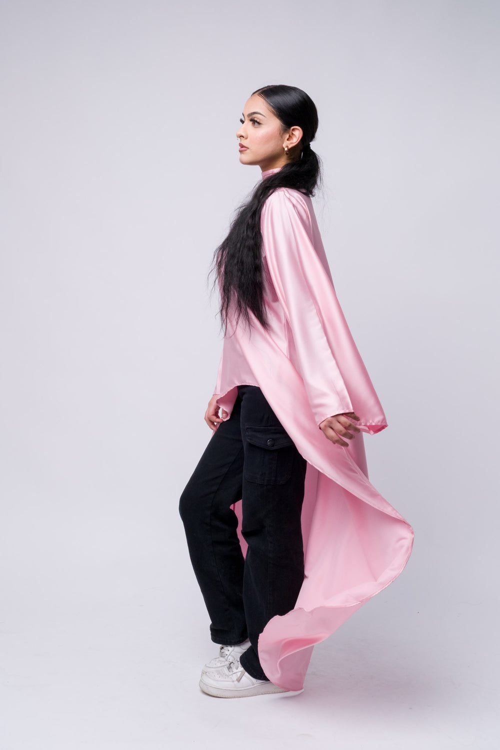 Modest satin tunic dress in pastel pink, high-neck, long sleeve, modern hijab fashion