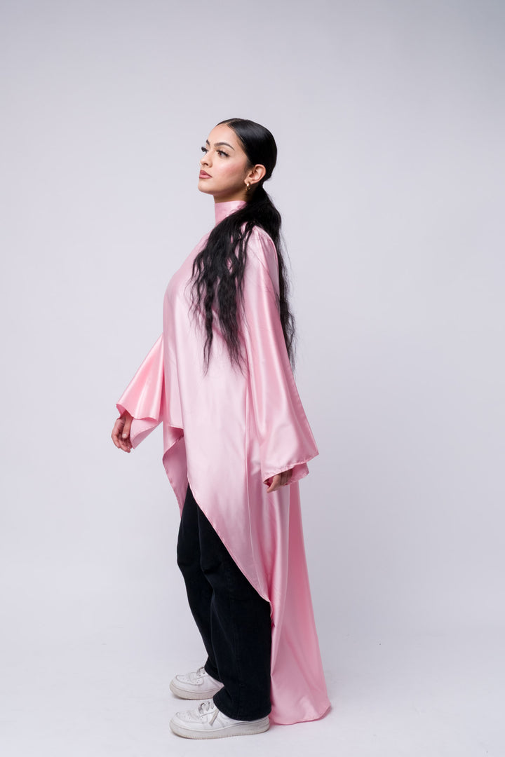 Light pink satin long top for women, modest high-low hem, comfortable & stylish