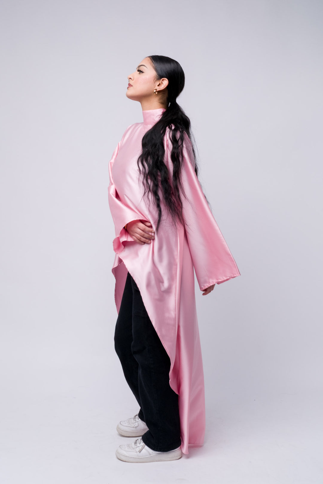 Luxury pink satin tunic with high collar, modest fashion, ideal for hijabi styling 