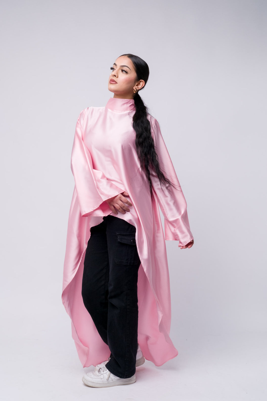 Blush pink satin high-low tunic top for women, modest fashion, elegant formalwear