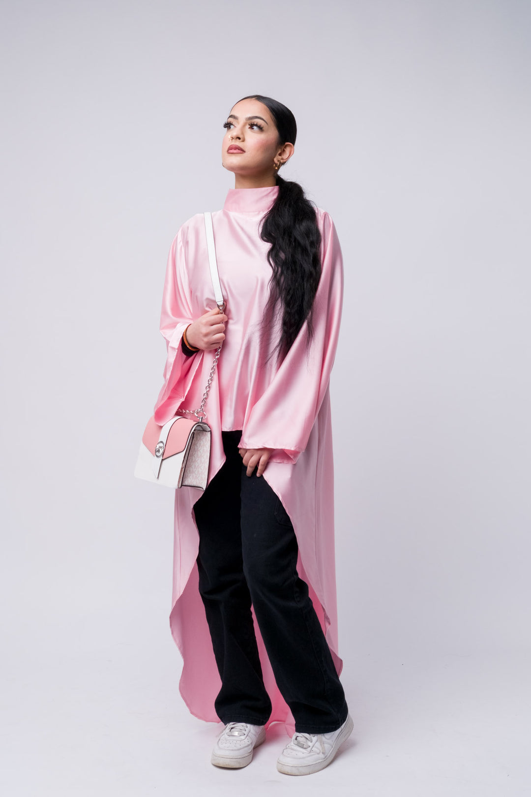 Modern satin high-low tunic in blush pink, loose fit, perfect for layering and streetwear 