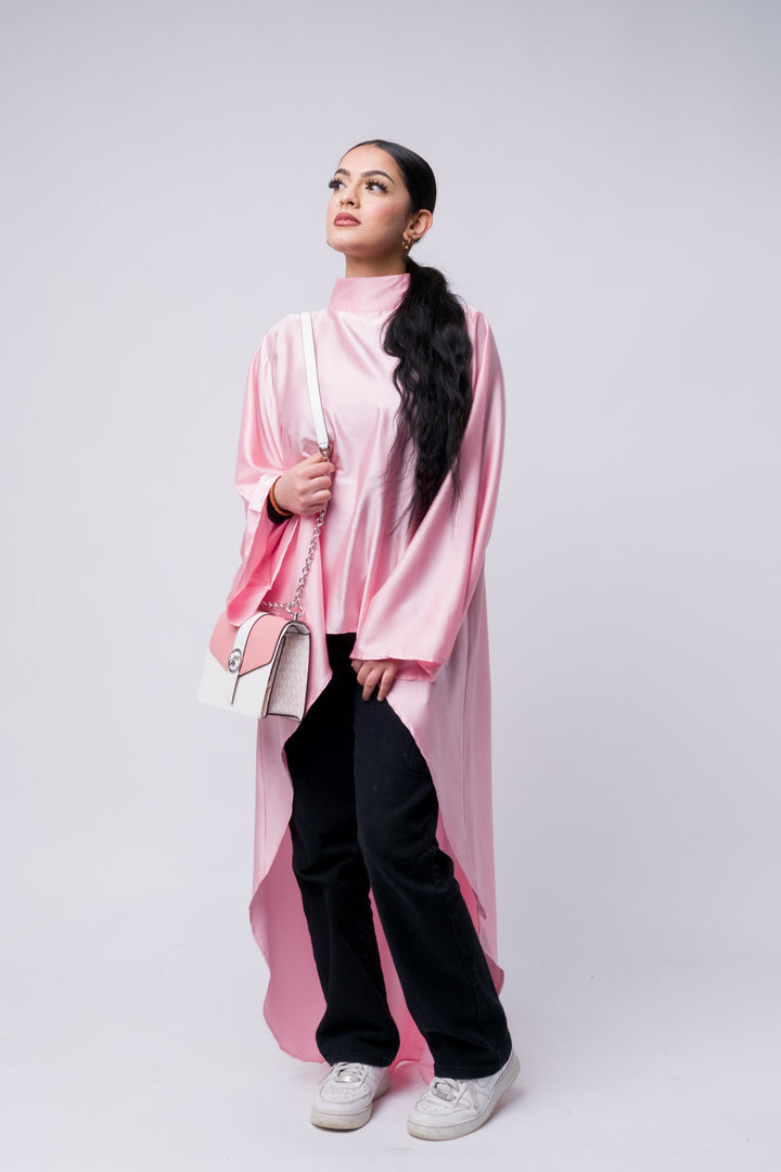 Modern satin high-low tunic in blush pink, loose fit, perfect for layering and streetwear 