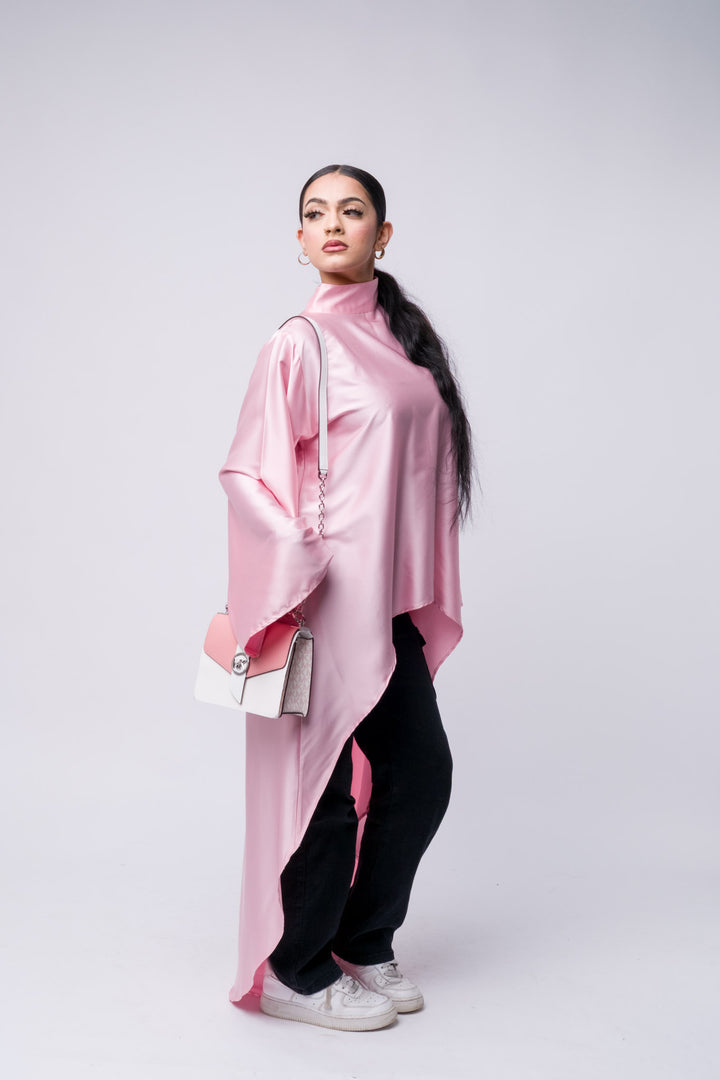 Elegant modest satin tunic for women, pink silk-look fabric with high-low cut