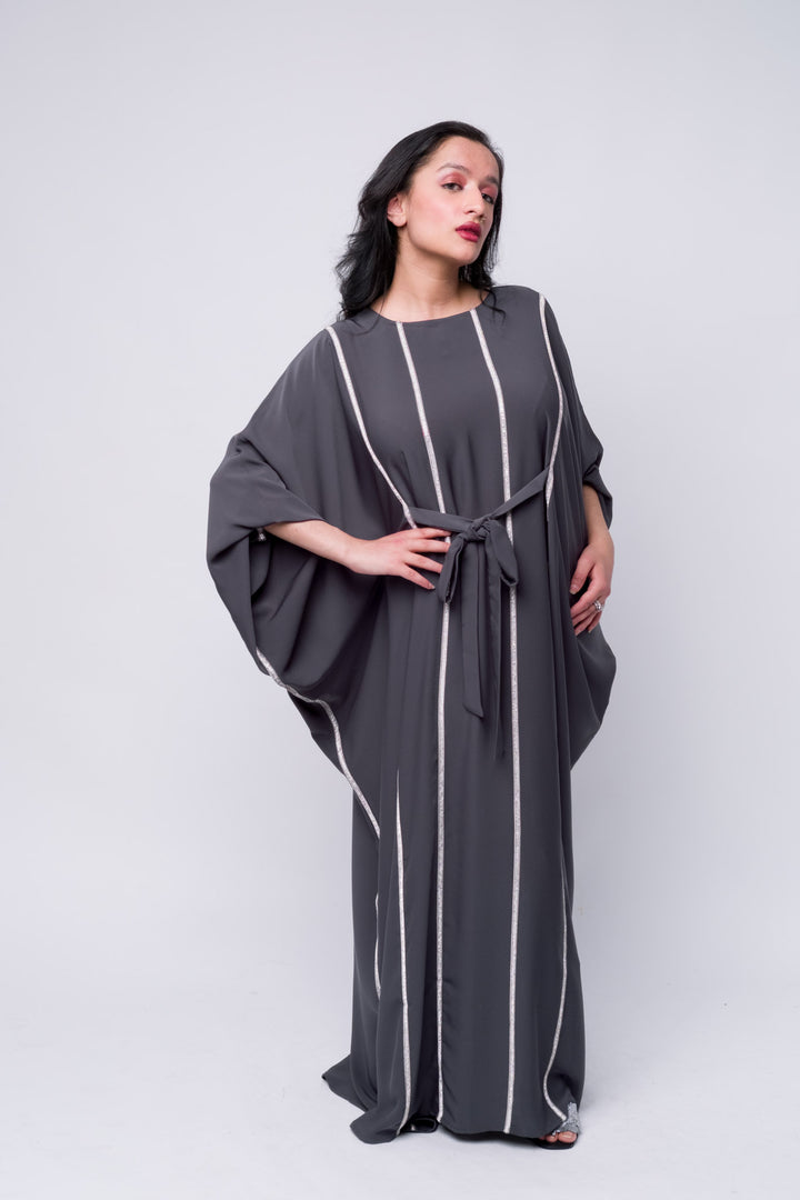 Stylish grey embellished abaya dress for women, perfect for modest fashion and special events.
