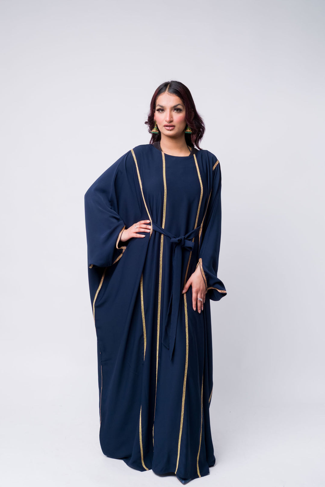 Navy blue kaftan with gold stripes and waist tie, elegant modest fashion dress. 