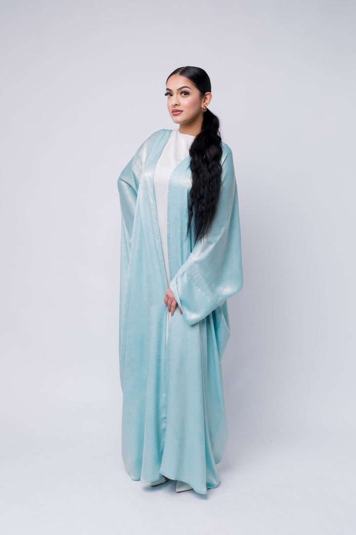 Lightweight metallic blue farasha abaya, full-length open style for elegant layering