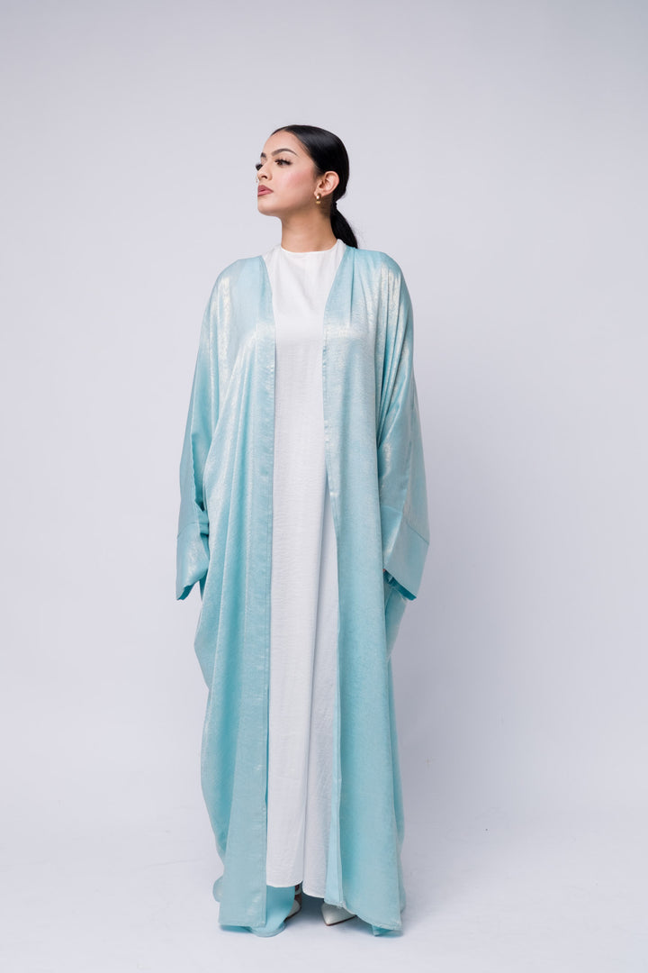 Open front metallic blue abaya for women, elegant formal Islamic attire