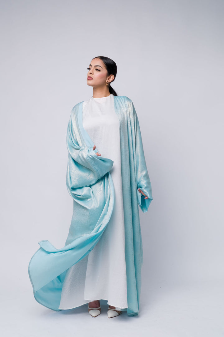 Shiny sky blue abaya with draped sleeves, modest and chic occasion outfit