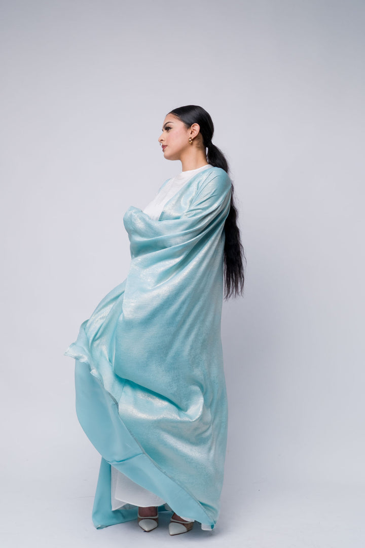 Modest wear shiny satin-style abaya, full-length blue design for classy outfits