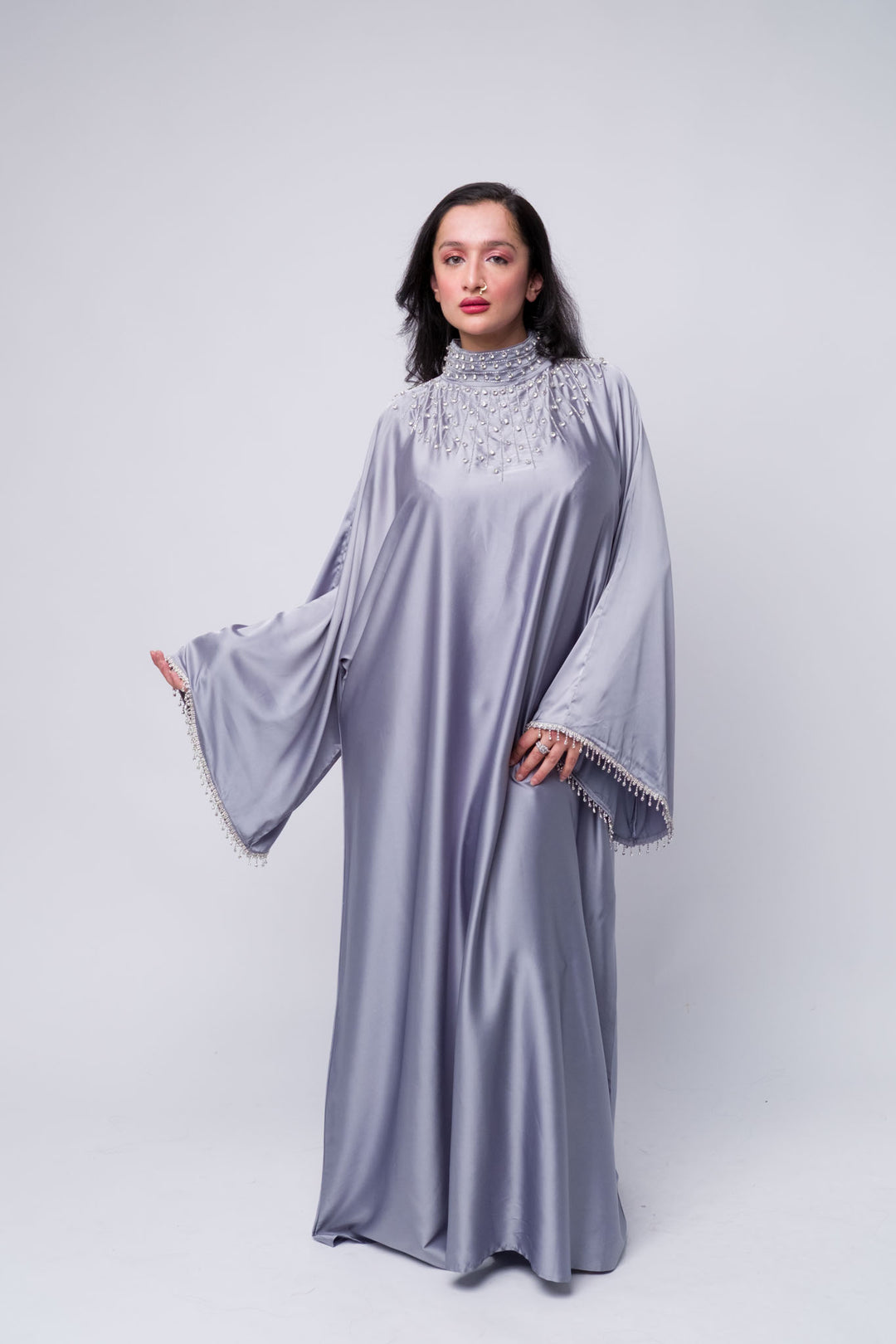 Elegant grey abaya dress with pearl beading – modest Islamic fashion for parties and Eid sleeves. Batwing abaya