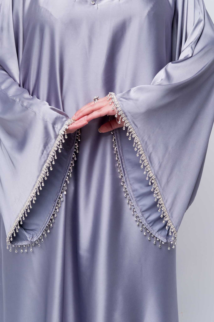  Luxe grey satin abaya with embellished neckline – formal modest dress for women sleeves.
